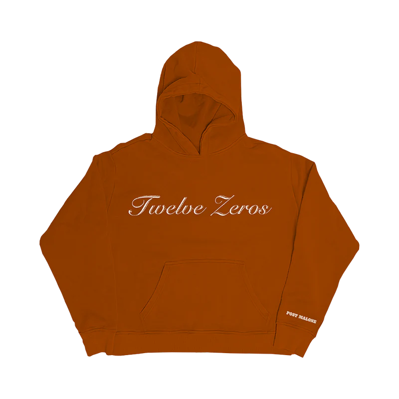Front view of orange Post Malone hoodie with elegant Twelve Zeros script embroidery and relaxed streetwear fit
