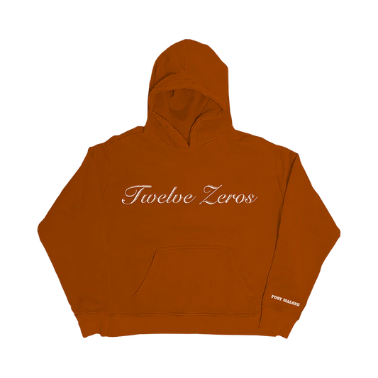 Front view of orange Post Malone hoodie with elegant Twelve Zeros script embroidery and relaxed streetwear fit