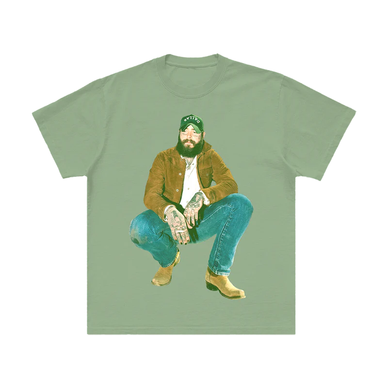 Front view of green Post Malone graphic t-shirt featuring vintage cowboy-inspired artist portrait with western streetwear aesthetic
