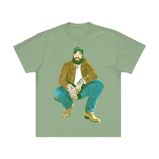 Front view of green Post Malone graphic t-shirt featuring vintage cowboy-inspired artist portrait with western streetwear aesthetic