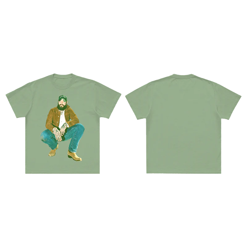Staggered front and back view of sage green Post Malone Vintage Photo Graphic Tee with retro country-inspired portrait design