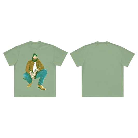 Staggered front and back view of sage green Post Malone Vintage Photo Graphic Tee with retro country-inspired portrait design
