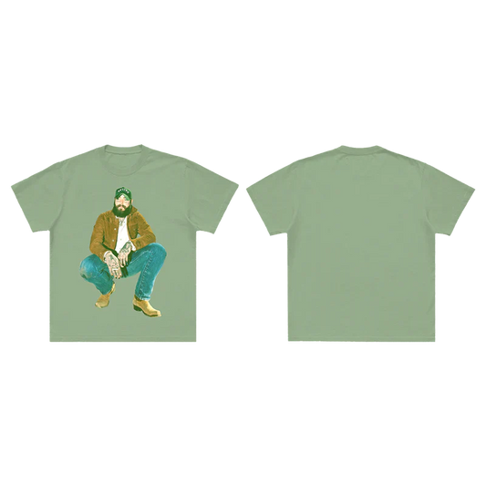 Staggered front and back view of sage green Post Malone Vintage Photo Graphic Tee with retro country-inspired portrait design