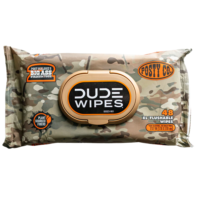 Post Malone Dude Wipes 3 pack with camo design and Big Ass Stadium Tour branding on XL flushable wipes pack