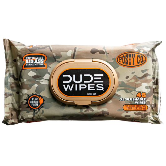 Post Malone Dude Wipes 3 pack with camo design and Big Ass Stadium Tour branding on XL flushable wipes pack