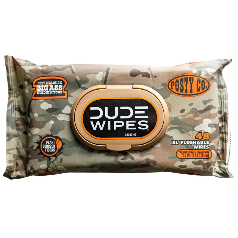 Post Malone Dude Wipes 3 pack with camo design and Big Ass Stadium Tour branding on XL flushable wipes pack